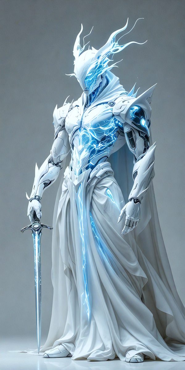 The primary subject of the image is a person dressed in a white costume, holding a sword. The setting appears to be a futuristic environment, with the person standing in front of a backdrop that features a blue and white color scheme. The visual style of the image is digital art, as it is a detailed and intricate illustration of the person in the costume. The overall atmosphere of the image is one of power and strength, as the person is depicted as a warrior or a character from a science fiction story.